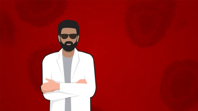 الخبير: رجل يلبس معطفا أبيضا كالذي يرتديه العاملون في القطاع الصحي ونظارات سوداء