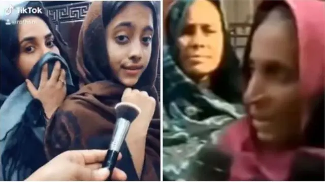 (বামে) 'এই মনে করেন ভাল্লাগে, খুশিতে ঠ্যালায়, ঘোরতে' কথাগুলো মিউজিক্যাল ডাবিং অ্যাপ এর মাধ্যমে যারা ভাইরাল করে এবং (ডানে) মূল ভিডিও প্রতিবেদন থেকে নেয়া স্ক্রিনশট।