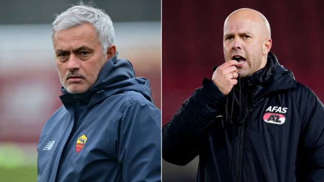 Jose Mourinho of Roma, Feyenoord coach Arne Slot