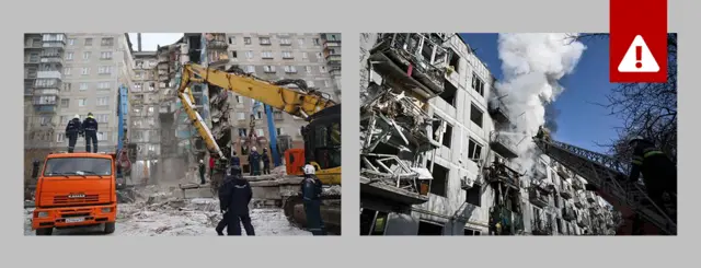 Comparação dos dois incidentes mostra a diferença entre a explosãogás2018 na Rússia (esquerda) e o ataque Chuhuiv (direita)