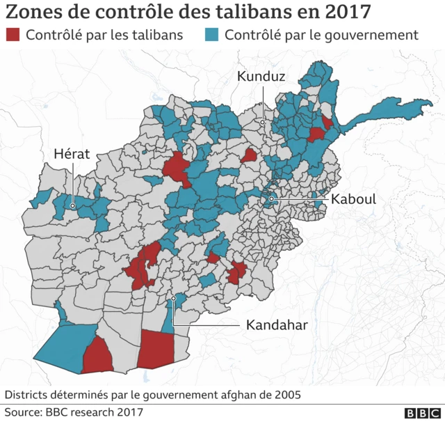Carte montrant les zones de contrôle total des talibans ou du gouvernement en 2017