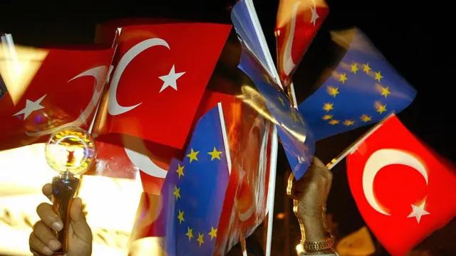 আঙ্কারার রাস্তায় ডেভেলপমেন্ট ও জাস্টিস পার্টির সমর্থকরা ইইউ ও তুরস্কের পতাকা নিয়ে প্রেসিডেন্ট এরদোয়ানকে স্বাগত জানাচ্ছে। ১৮ই ডিসেম্বর ২০০৪