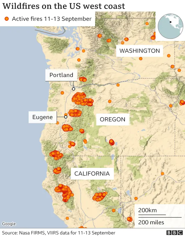 Map showing wildfires in Washington, Oregon and California (10-13 September 2020). Updated 14 Sept