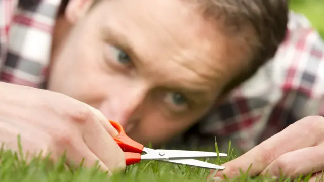 Hombre cortando césped.