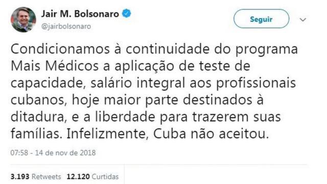 Post de Bolsonaro no Twitter