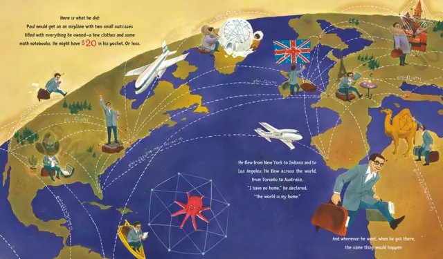 Erdős viajando de un lado al otro en una de las imágenes del libro infantil "El niño que amó las matemáticas: la improbable vida de Paul Erdos" de Deborah Heiligman, con ilustraciones de LeUyen Pham ©2013 (Derechos Reservados).