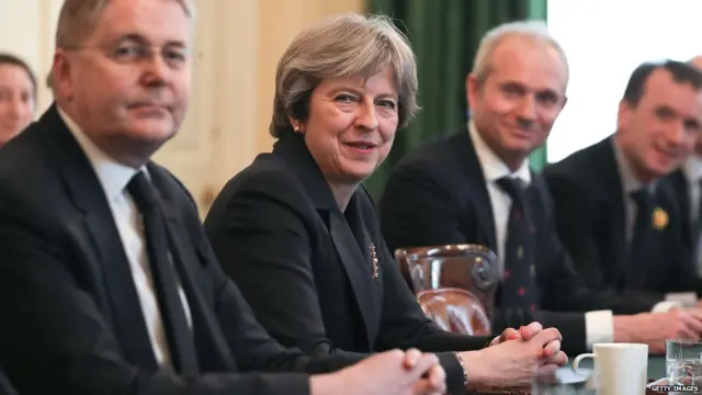 Theresa May (C) chairs a meeting of the Joint Ministerial Committee at 10 Downing Street on March 14, 2018 in London, England.