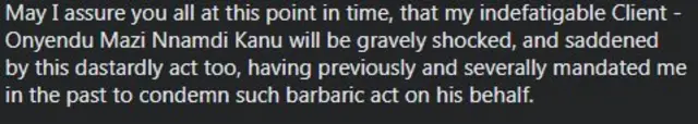Anambra attacks: Nnamdi Kanu lawyer say MNK go condemn dis killings odas