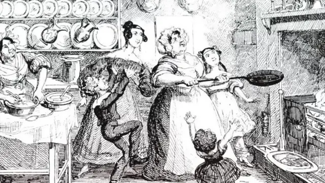 رسم يصور امرأة تقذف الفطائر في الهواء في ثلاثاء المرافع - يوم العيد قبل بداية الصوم الكبير - يعود تاريخه إلى القرن التاسع عشر