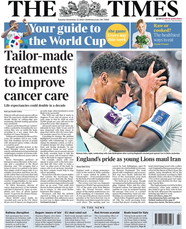 The headline in the Times reads: "Tailor-made treatments to improve cancer care"