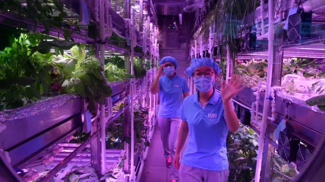 Dos de las estudiantes voluntarias en el Palacio Lunar