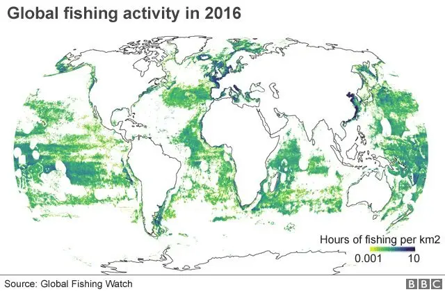 แผนที่แสดงจำนวนชั่วโมงทำประมงที่เกิดขึ้นต่อตารางกิโลเมตรทั่วโลก ยิ่งสีเข้มขึ้นยิ่งแสดงว่ามีกิจกรรมประมงในแถบนั้นหนักหน่วงขึ้น
