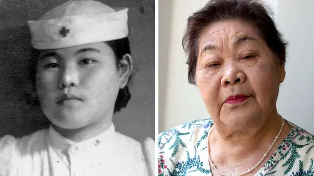 تيروكو يوينو حين كانت ممرضة في مستشفى الصليب الأحمر في هيروشيما (إلى اليسار) وصورتها في عام 2015