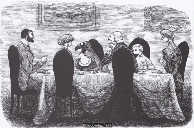 《猶豫客》：「它和他們一起吃早飯，一會兒就吃完了/所有的糖漿、烤麵包片，還咬了幾口盤子。」