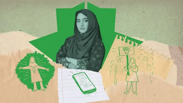 Collage de la manifestante Razia Barakzai pliant les bras avec des illustrations de la manifestation et son téléphone.