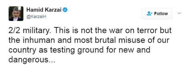 「これは対テロ戦争ではなく、新しく危険な武器の実験場として我々の国を非人道的、かつ残酷に悪用したものだ」とカルザイ氏は続けてツイートした。