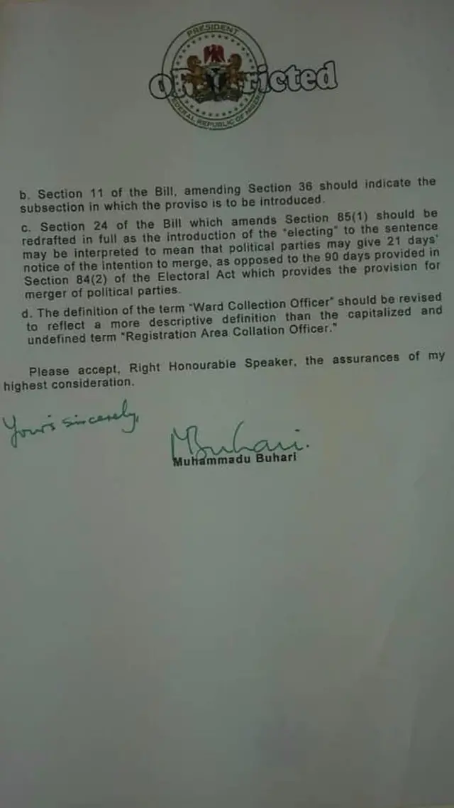 Presido Buhari letter to Yakubu Dogara di Speaker of di House of Representative