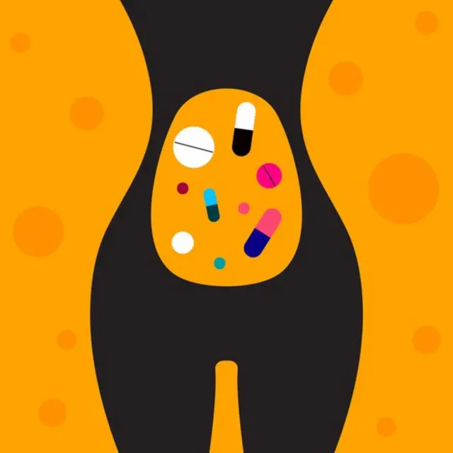 Dibujo de un cuerpo con medicamentos dentro