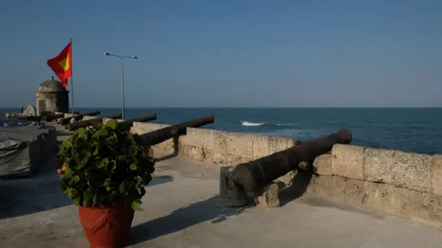 Old colonial canons seen on the fabled walls of historic Old City on January 31, 2019 in Cartagena, Colombia