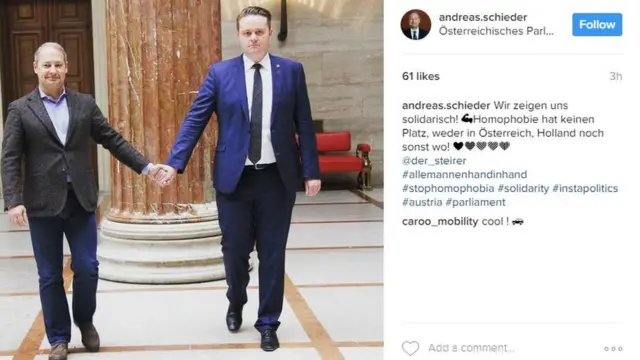 El político austríaco Andreas Schieder (izq) también publicó una foto este miércoles y expresó que la homofobia no tiene lugar ni en Austria ni en Holanda.
