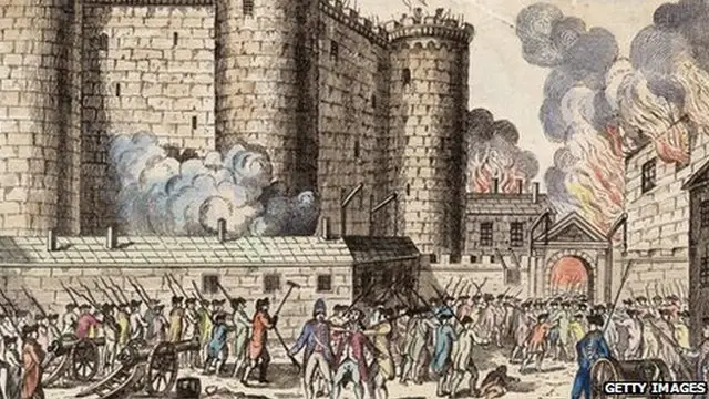 Illustration of citizens of Paris, headed by the National Guards, storming the Bastille prison on 14 July 1789