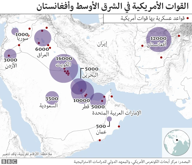 خارطة القوات الأمريكية في الخليج وأفغانستان