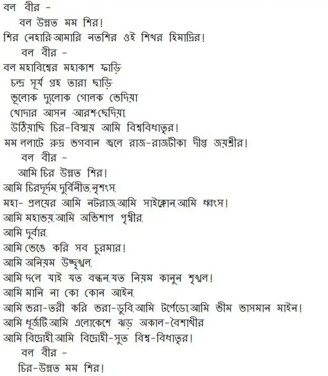 'বিদ্রোহী' কবিতার কিছু অংশ
