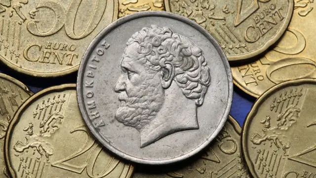Imagen de Demócrito en las viejas monedas griegas.