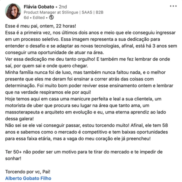 Mensagem publicada por Flavia Gobato, filhaquantos saques pode fazer na realsbetAlberto, na qual relata a busca dele por emprego aos 58