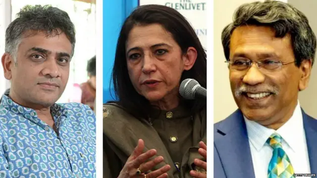 आकार पटेल, डॉ. आयशा जलाल और प्रोफ़ेसर अली रियाज़ (दाएं से बाएं).