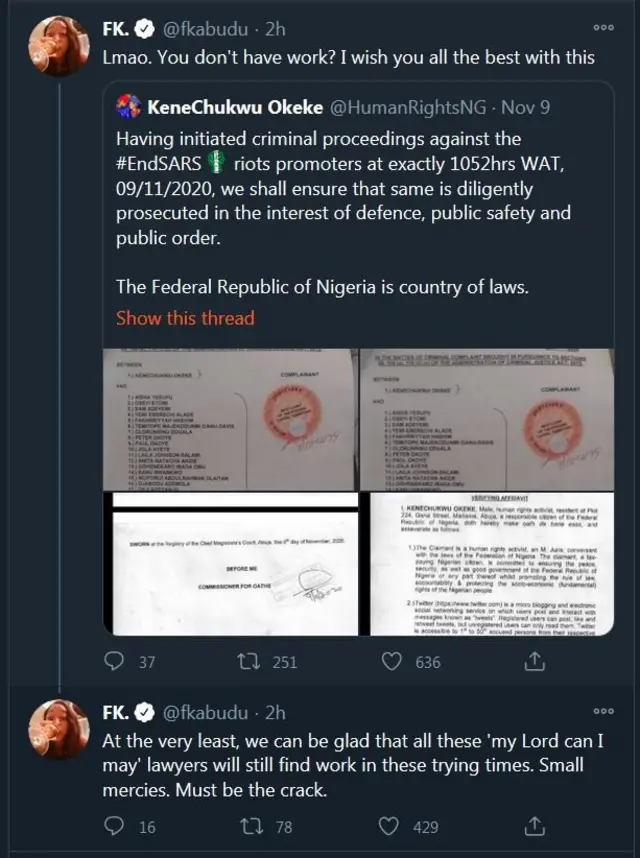 FK Abudu say di lawyer never chp.