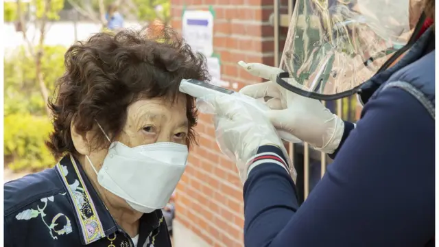 A temperature check at a polling station in Seoul, South Korea