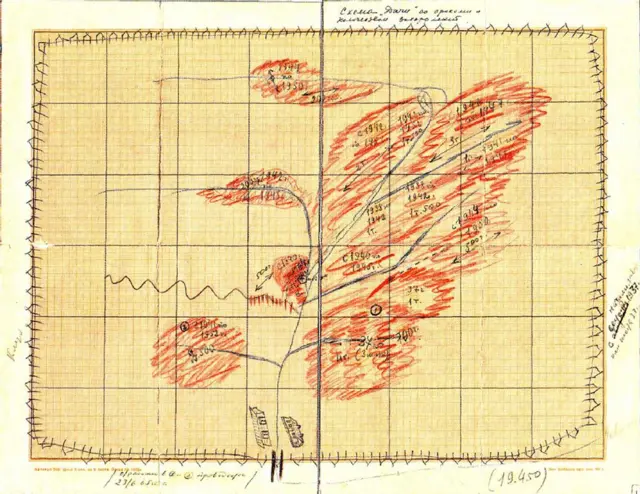 Схема «дачи» (секретного кладбища) УНКВД в Левашово. Ленинград, 1965. Схема составлена на основании опросов шоферов. Отмечены захоронения с сентября 1937 по 1964, всего 19450 человек. Из Архива УФСБ по Санкт-Петербургу и Ленинградской области