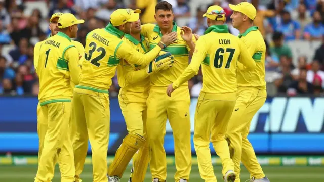 Marcus Stoinis of Australia (c) celebrates with teammates after dismissing Shikhar Dhawan of India during game three of the One Day International series between Australia and India at Melbourne Cricket Ground on January 18, 2019 in Melbourne, Australia