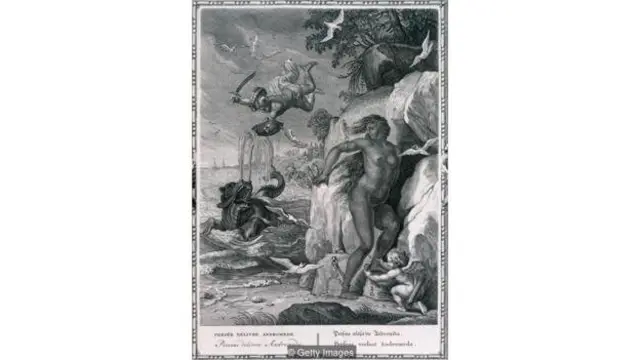 Putri Andromeda digambarkan dengan fitur wajah dan rambut orang kulit putih di gambar abad 18 karya Picart.