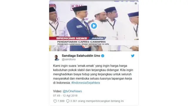 Cawapres kubu Prabowo, Sandiaga Uno, menggunakan Twitter untuk mendapatkan dukungan 'emak-emak.