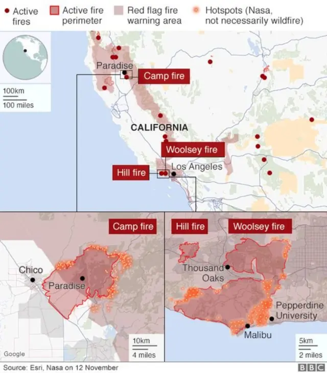 கலிஃபோர்னியாவின் மூன்று மூலைகளில் மிரட்டும் காட்டுத்தீ - பலி எண்ணிக்கை உயர்வு