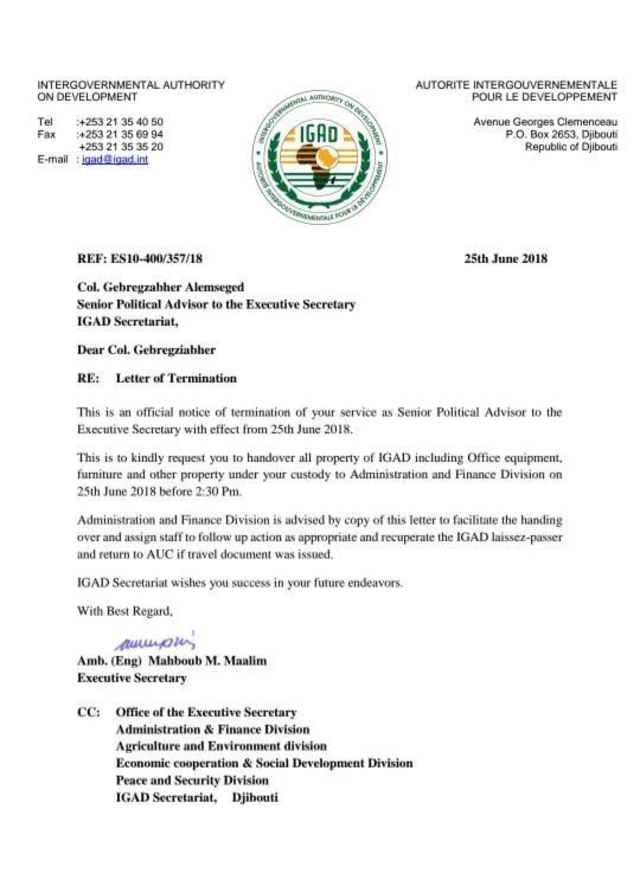 Warqadda shaqo ka qaadidda ee Jeneraal Gabre