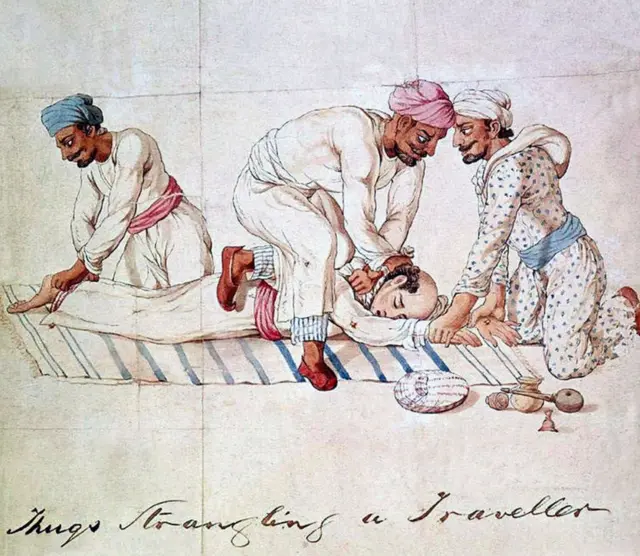 1830-40 દરમિયાનનું ચિત્ર જેમાં લખનૌમાં ઠગોની ટોળકીના સભ્યો એક વ્યક્તિનું ગળું દાબી રહ્યા છે