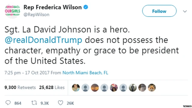 Tweet by Frederica Willson in which she alleged Donald Trump of being insensitive