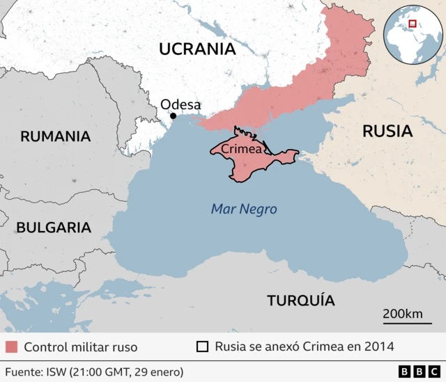 Mapa del mar Negro y los países colindantes con las zonas bajo control militar ruso.