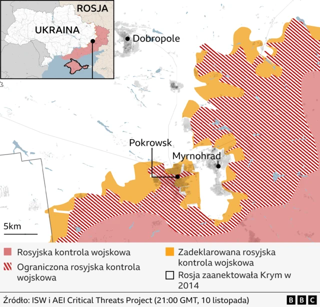 Mapa pokazująca zbliżenie Pokrowska pod atakiem Rosji