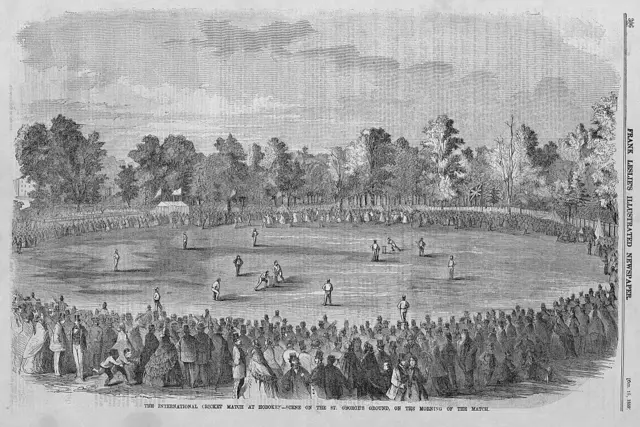 अमेरिकेत होबोकेन, न्यूजर्सी इथेे ऑक्टोबर 1859 मधल्या ऑल इंग्लंड संघ विरुद्‌ध अमेरिकन सेंट जॉर्जेस क्लब संघांतील एका सामन्याचं रेेखाचित्र. हा सामना 12,000 ते 15,000 चाहत्यांनी पाहिला, अशी नोंद आहे. 