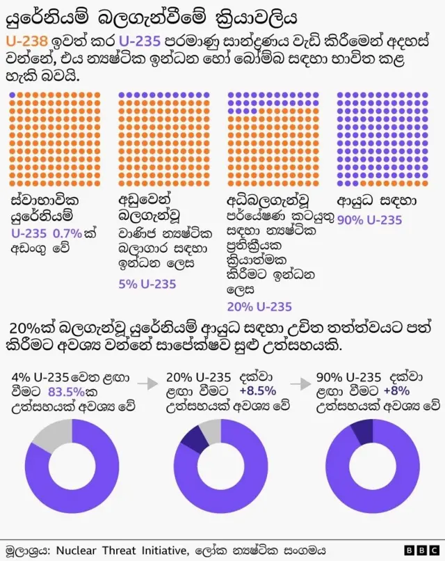 Graphic shows how different concentrations of U-235 in uranium affect its potential use.

යුරේනියම්වල අඩංගු U-235 හි විවිධ සාන්ද්‍රණයන්, එහි විභව භාවිතයට බලපාන ආකාරය මෙම රූප සටහනෙන් දැක්වේ.
