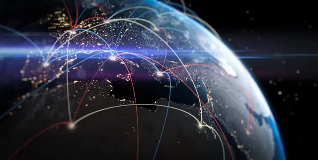 تصویرسازی از کره زمین و خطوط اینترنتی که بهم متصل شده‌اند