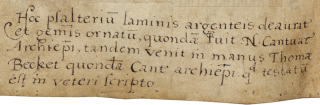 Inscripción isabelina en el salterio de Becket