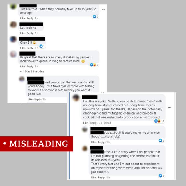 Two screenshots of Facebook comments in response to positive developments in the Oxford University vaccine trial. Users say the trials have been "rushed" and therefore are not safe.