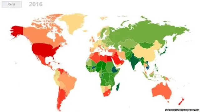 लाल रंग सर्वाधिक लठ्ठपणा दर्शवितो. त्यानंतर केशरी आणि पिवळा रंग हे लठ्ठपणाचं थोडं कमी प्रमाण दाखवतो. तर हिरवा आणि निळा रंग हा 5 टक्क्यांहून कमी तरुण लोकसंख्या लठ्ठ असल्याचं सांगतो.