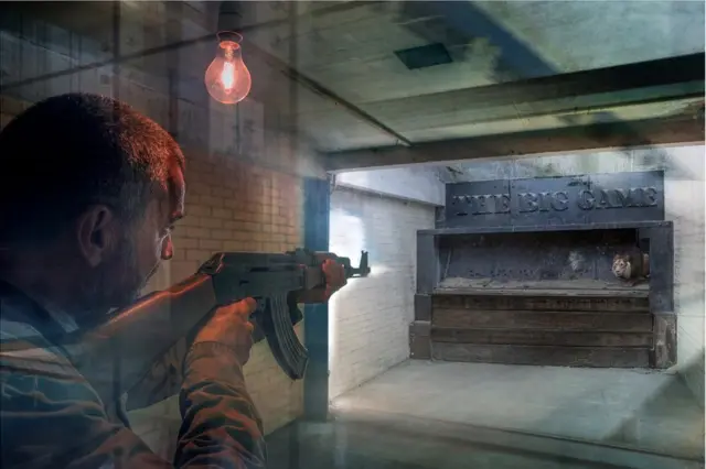 Абстрактне зображення мисливця, який стріляє у лева в невеликому закритому просторі