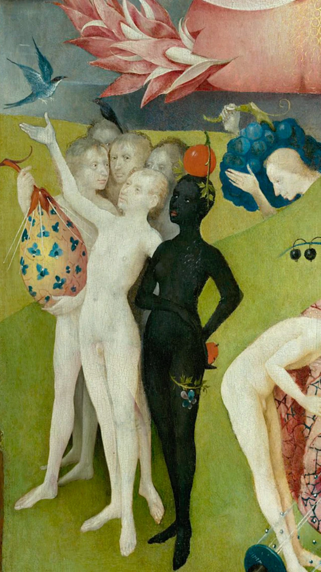 Détail du Jardin des délices terrestres de Hieronymus Bosch (1480-1505). Huile sur panneau conservée au Museo del Prado à Madrid, Espagne. Le gros plan représente une femme noire nue et deux femmes blanches nues, au milieu de fleurs et d'oiseaux rares.